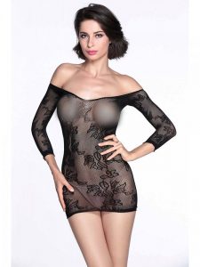 Off Shoulder 3/4 Sleeves Black Print Mesh Fishnet Sexy Lingerie Bodysuit