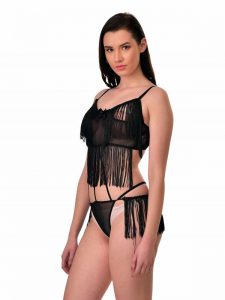 Triangle Strap Tassel Fringe Black Bra & Semi Sheer Thong Intimacy Sets