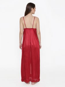 Deep Neck Red Satin Ruffle Edge Nighty Night Dress Nightwear