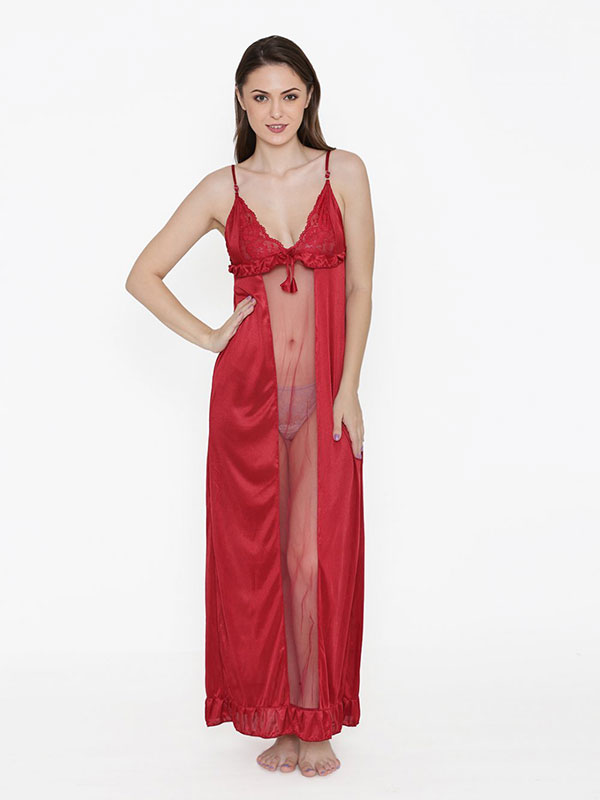 Deep Neck Red Satin Ruffle Edge Nighty Night Dress Nightwear Zakarto