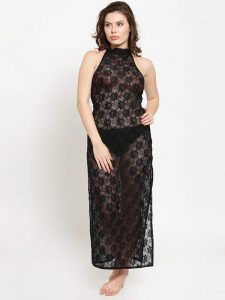 See-Thru Side Slit Black Lace Gown Night Dress