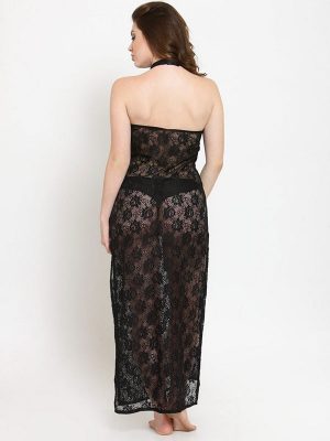 See-Thru Side Slit Black Lace Gown Night Dress