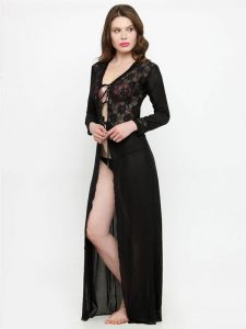 Deep Neck Black Rose Lace Long Sleeves Bridal Night Dress Nightwear