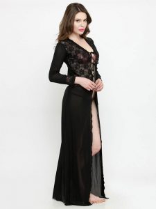 Deep Neck Black Rose Lace Long Sleeves Bridal Night Dress Nightwear