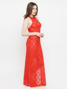 See-Thru Side Slit Red Lace Gown Night Dress