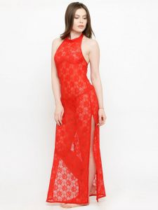 See-Thru Side Slit Red Lace Gown Night Dress