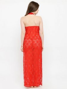 See-Thru Side Slit Red Lace Gown Night Dress