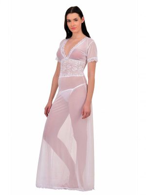 V-Neck White Splicing Lace Nighty Night Dress Nightwear