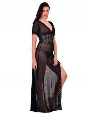 V-Neck Black Lace Gown Night Dress