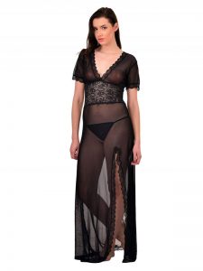 V-Neck Black Lace Gown Night Dress