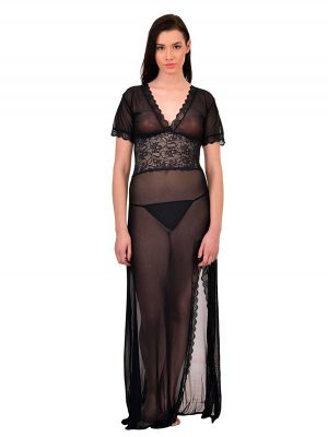 V-Neck Black Lace Gown Night Dress