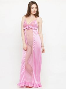 Deep Neck Pink Satin Ruffle Edge Nighty Night Dress Nightwear