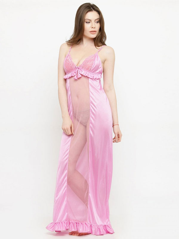 Deep Neck Pink Satin Ruffle Edge Nighty Night Dress Nightwear - Zakarto