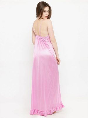 Deep Neck Pink Satin Ruffle Edge Nighty Night Dress Nightwear