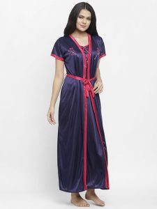 Navy Blue Embroidered Long Nighty Gown with Robe Lingerie 2 Pcs Nightwear Set