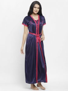 Navy Blue Embroidered Long Nighty Gown with Robe Lingerie 2 Pcs