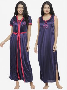 Navy Blue Embroidered Long Nighty Gown with Robe Lingerie 2 Pcs Nightwear Set
