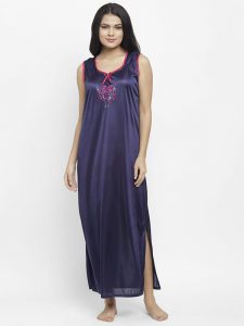 Navy Blue Embroidered Long Nighty Gown with Robe Lingerie 2 Pcs Nightwear Set