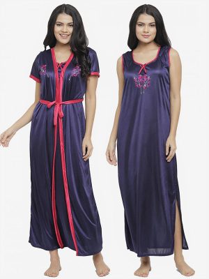 Navy Blue Embroidered Long Nighty Gown with Robe Lingerie 2 Pcs Nightwear Set