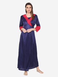 Satin Spandex Royal Lace Soft Bridal Nighty Lingerie Nightwear Set Blue