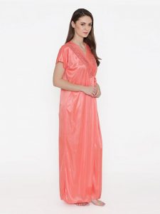 Orange Bridal Long Nighty with Robe Lingerie 2 Pcs Nightwear Set