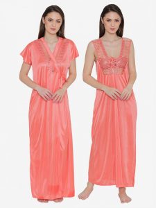 Orange Bridal Long Nighty with Robe Lingerie 2 Pcs Nightwear Set