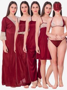 Maroon Royal Lace Soft Bridal Nighty Lingerie Nightwear Set