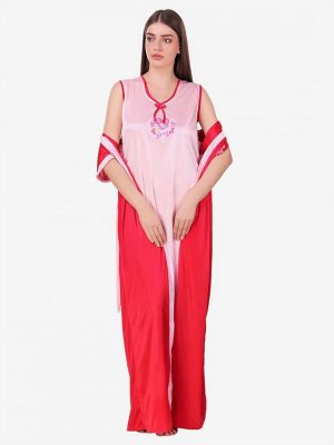 2 Pcs Combo Satin Night suit Magenta Floral Night Gown with Robe Nightwear Set