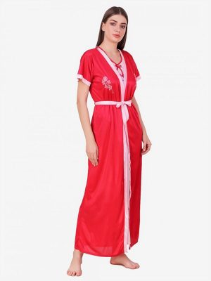 2 Pcs Combo Satin Night suit Magenta Floral Night Gown with Robe Nightwear Set