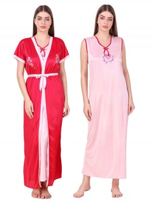 2 Pcs Combo Satin Night suit Magenta Floral Night Gown with Robe Nightwear Set