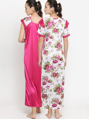 2 Pcs Combo Satin Night suit Magenta Floral Night Gown with Robe Nightwear Set