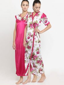2 Pcs Combo Satin Night suit Magenta Floral Night Gown with Robe Nightwear Set