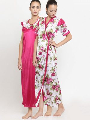 2 Pcs Combo Satin Night suit Magenta Floral Night Gown with Robe Nightwear Set