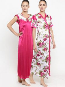 2 Pcs Combo Satin Night suit Magenta Floral Night Gown with Robe Nightwear Set