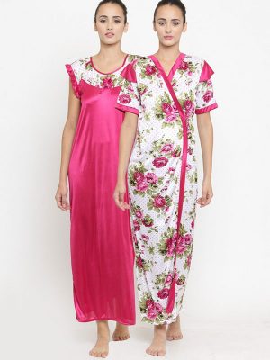 2 Pcs Combo Satin Night suit Magenta Floral Night Gown with Robe Nightwear Set