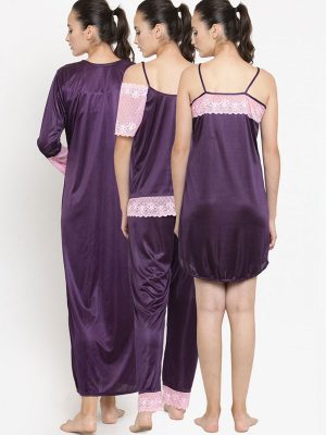 4 Pcs Combo Satin Night suit Purple Nighty with Robe and Camisole with Pyjama Nightwear Set