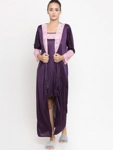 4 Pcs Combo Satin Night suit Purple Nighty with Robe and Camisole with Pyjama Nightwear Set