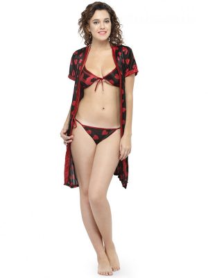 Pack Of 3 Pcs Maroon Lovely Heart Print Bikini Thong Robe Lingerie Nightwear Combo