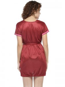 Women Maroon Short Satin Babydoll Robe Nighty Dress