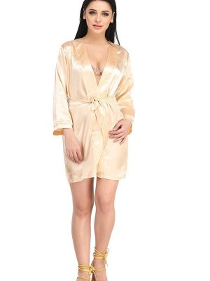 Women Solid Satin Short Length Beige Long Sleeves Kimono Bridal Night Robe