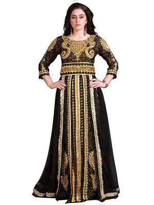 Black And Gold Color Designer Handmade Arabic Moroccan Long Sleeve Wedding Caftan