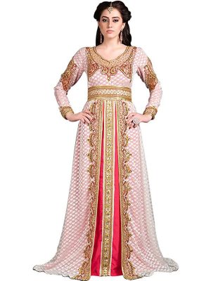 Off White And Pink Moroccan Party Wear Golden Handwork Kaftan