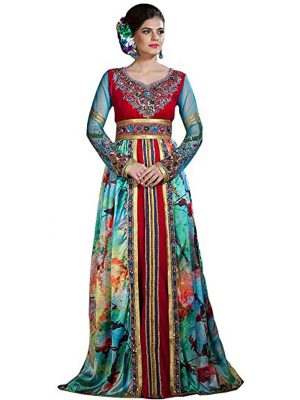 Dark Pink And Pastel Color Exclusive Georgette Long Party Moroccan Long Sleeve Dress Kaftan