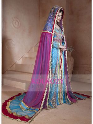 Ferozi And Dark Pink Color Designer Handmade Arabic Moroccan Muslim Long Sleeve Wedding Caftan With Vail