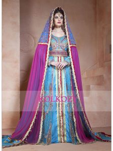 Ferozi And Dark Pink Color Designer Handmade Arabic Moroccan Muslim Long Sleeve Wedding Caftan With Vail