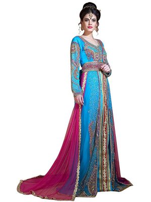 Ferozi And Dark Pink Color Designer Handmade Arabic Moroccan Long Sleeve Wedding Caftan With Train