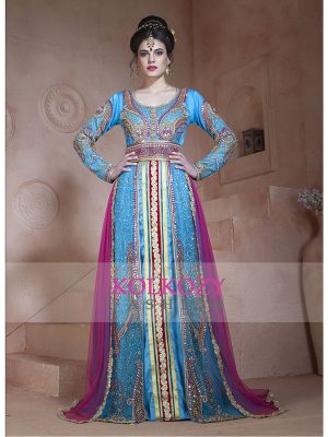 Ferozi And Dark Pink Color Designer Handmade Arabic Moroccan Long Sleeve Wedding Caftan With Train