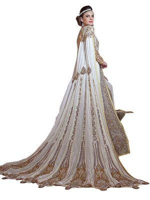 Contemporary Classy Gold And Off White & Gray Modern Moroccan Wedding Long Sleeve Dress Kaftan