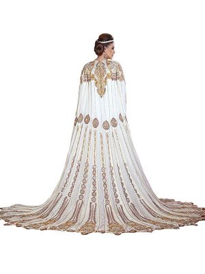 Contemporary Classy Gold And Off White & Gray Modern Moroccan Wedding Long Sleeve Dress Kaftan