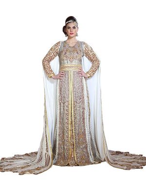 Contemporary Classy Gold And Off White & Gray Modern Moroccan Wedding Long Sleeve Dress Kaftan
